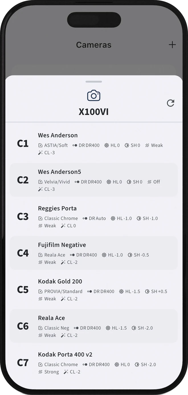 The Fujirama app writing recipes into an X100VI's C1–C7 custom slots